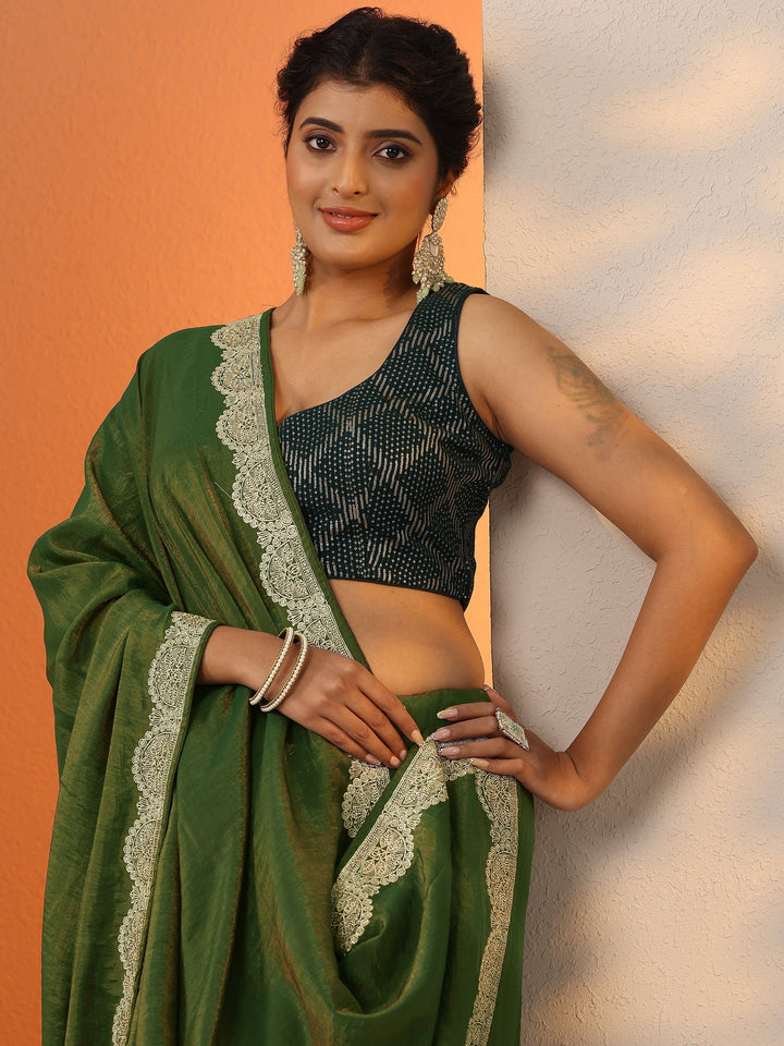 Green Solid Organza Saree With Unstitched Blouse Piece