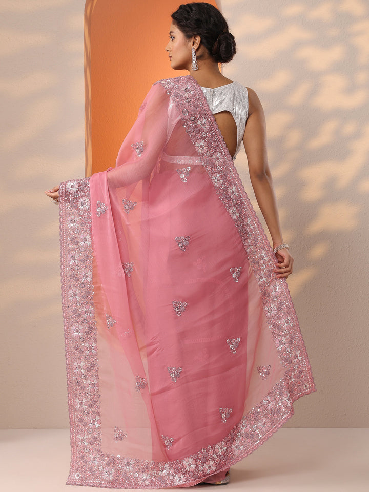 Pink Embroidered Chinon Saree With Unstitched Blouse Piece