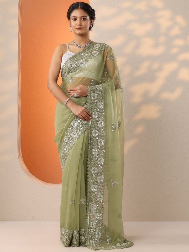 Green Embroidered Chinon Saree With Unstitched Blouse Piece