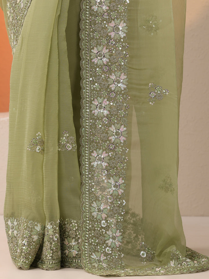 Green Embroidered Chinon Saree With Unstitched Blouse Piece