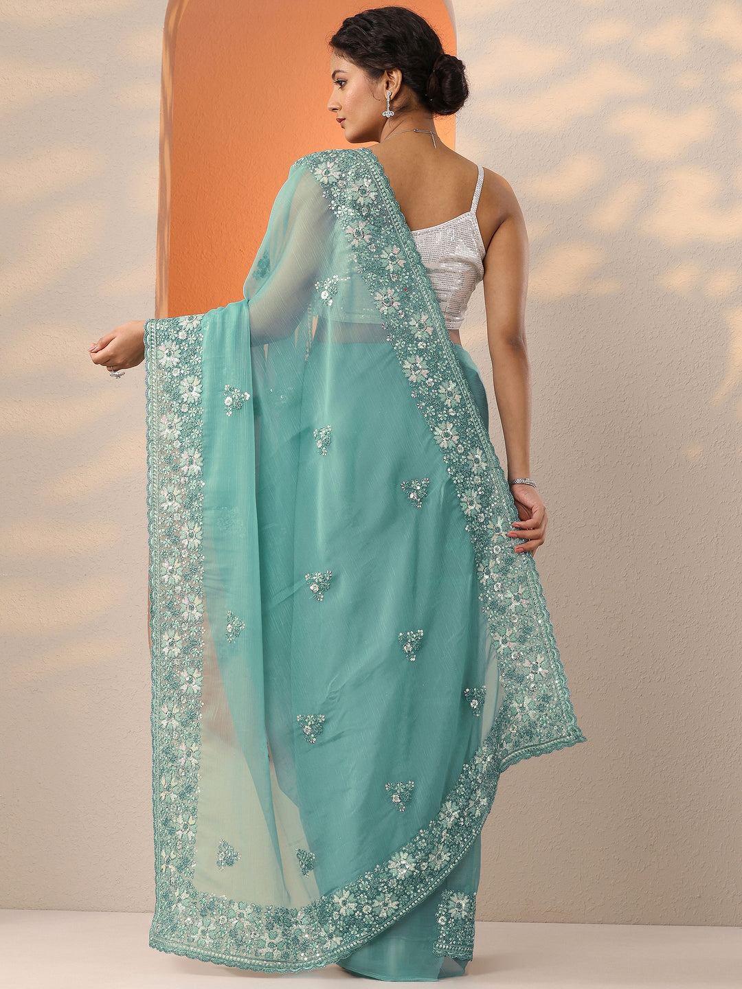 Blue Embroidered Chinon Saree With Unstitched Blouse Piece
