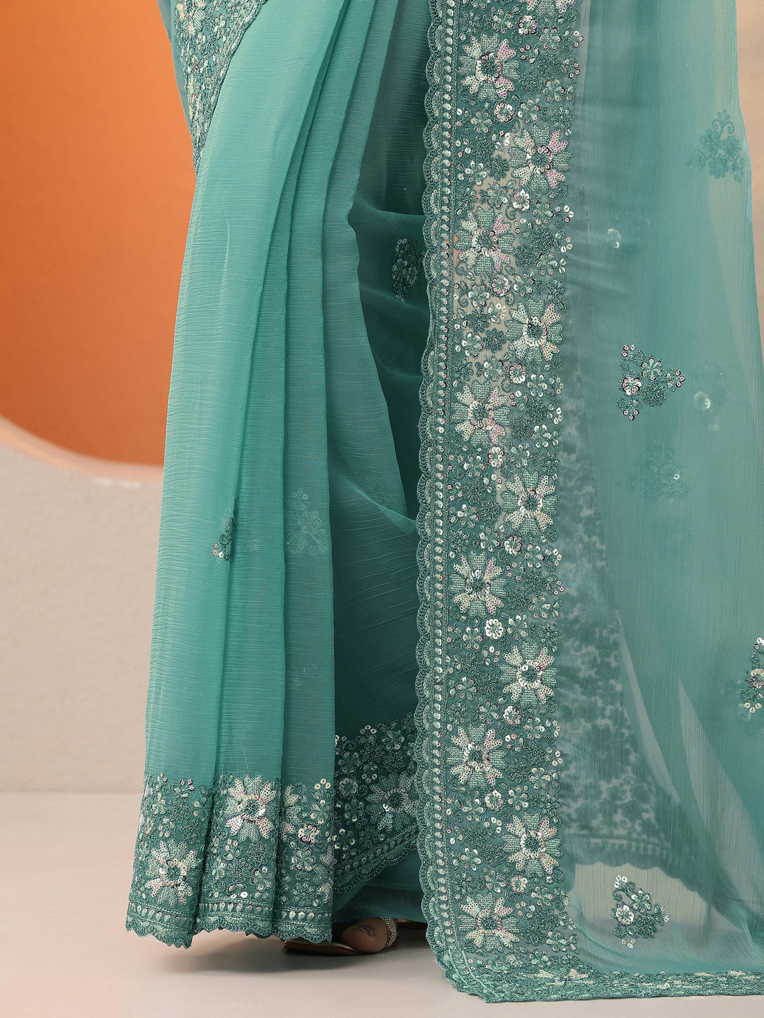 Blue Embroidered Chinon Saree With Unstitched Blouse Piece