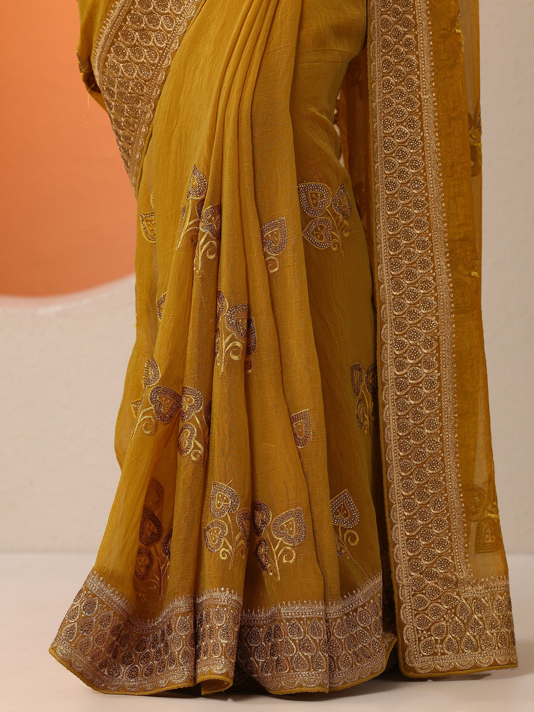 Mustard Embroidered Chinon Saree With Unstitched Blouse Piece