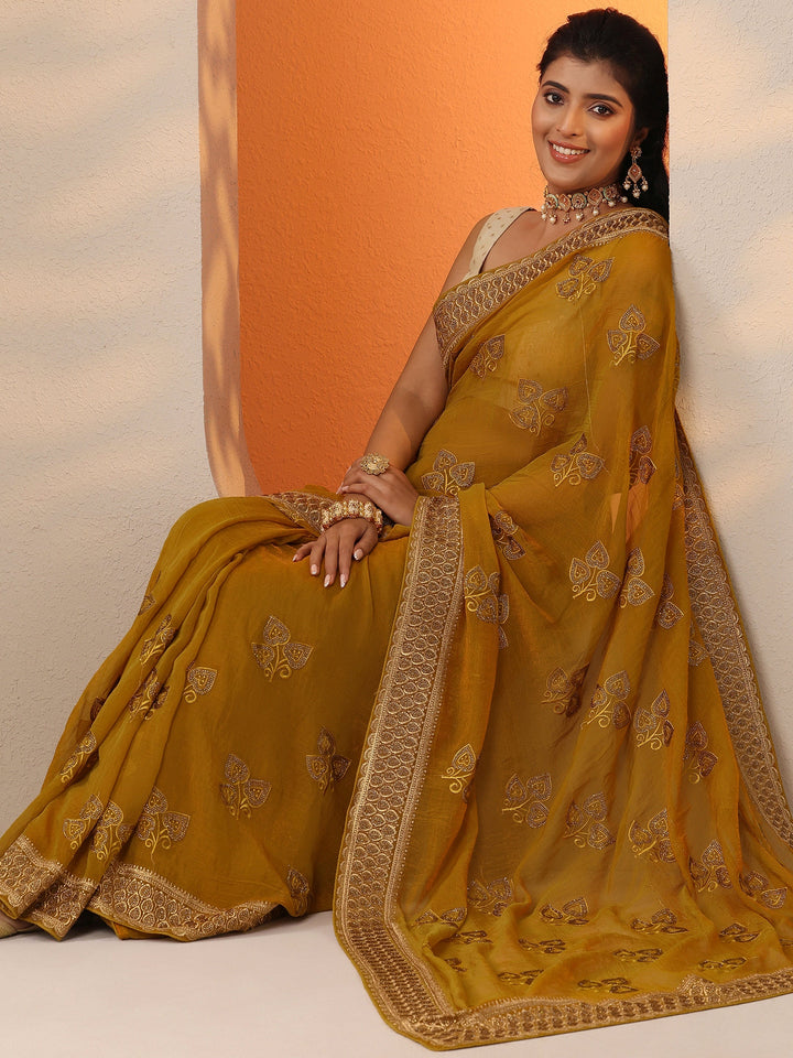 Mustard Embroidered Chinon Saree With Unstitched Blouse Piece