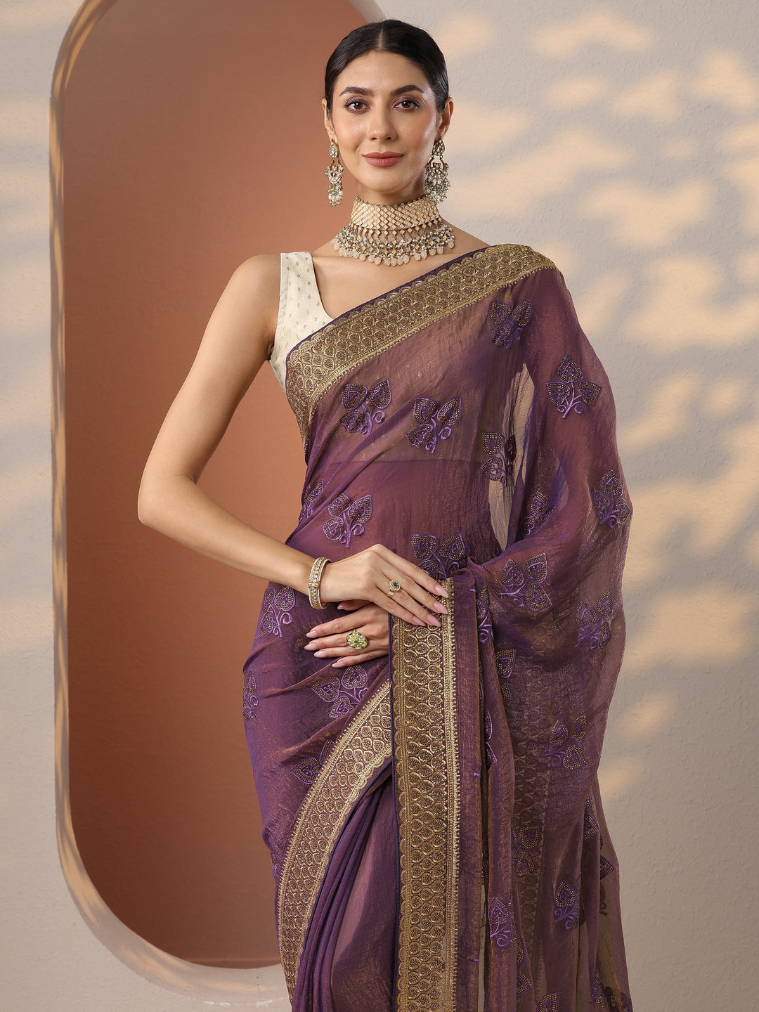 Purple Embroidered Chinon Saree With Unstitched Blouse Piece