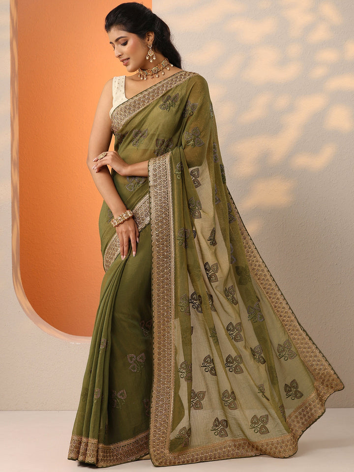 Green Embroidered Chinon Saree With Unstitched Blouse Piece