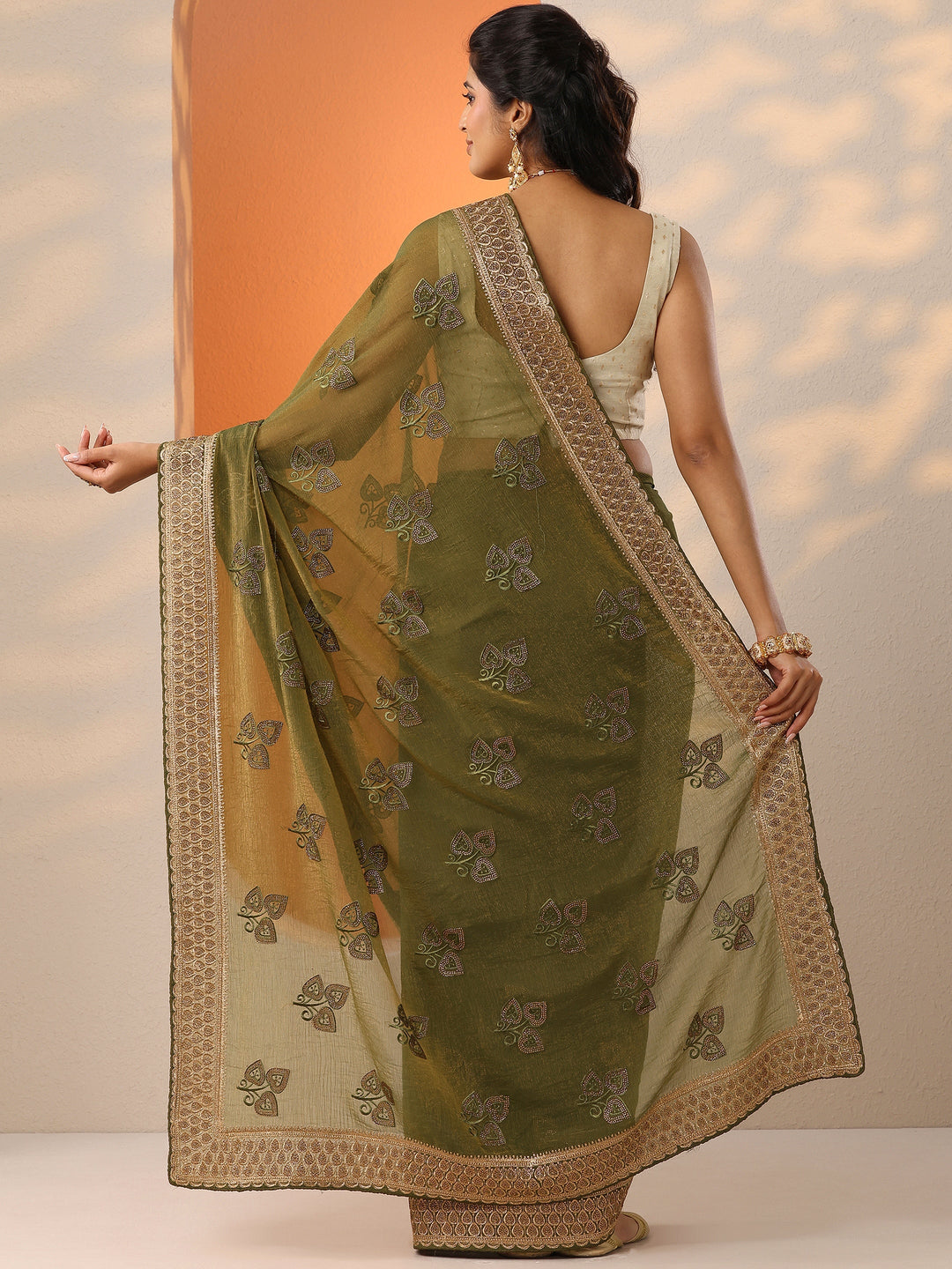 Green Embroidered Chinon Saree With Unstitched Blouse Piece