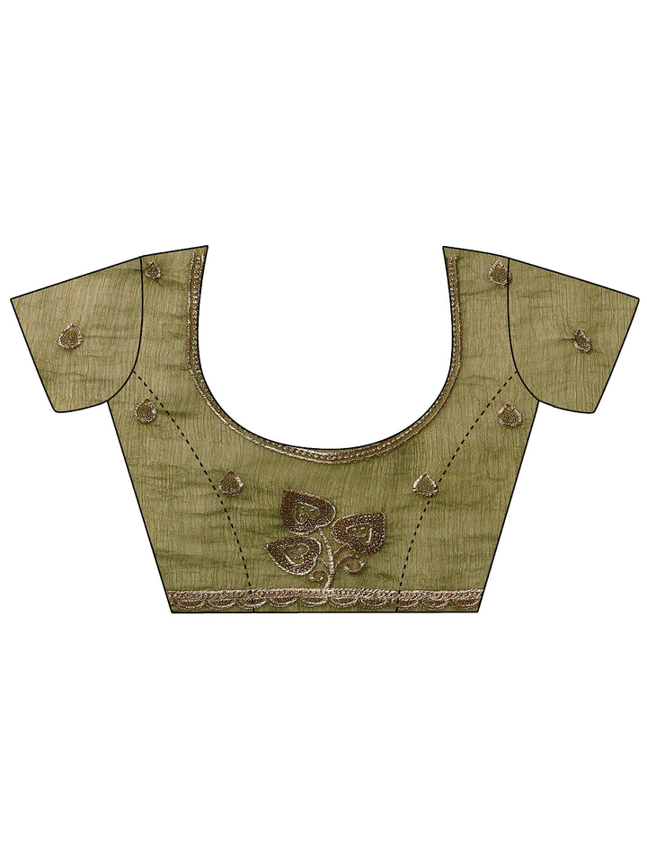 Green Embroidered Chinon Saree With Unstitched Blouse Piece