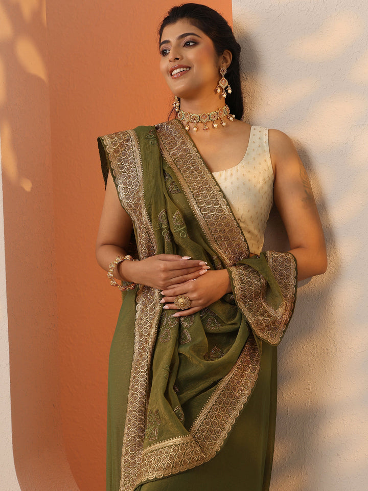 Green Embroidered Chinon Saree With Unstitched Blouse Piece