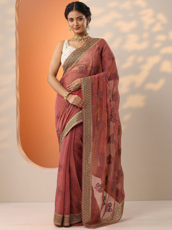 Coral Embroidered Chinon Saree With Unstitched Blouse Piece