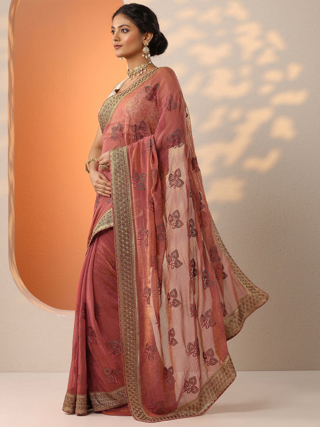 Coral Embroidered Chinon Saree With Unstitched Blouse Piece