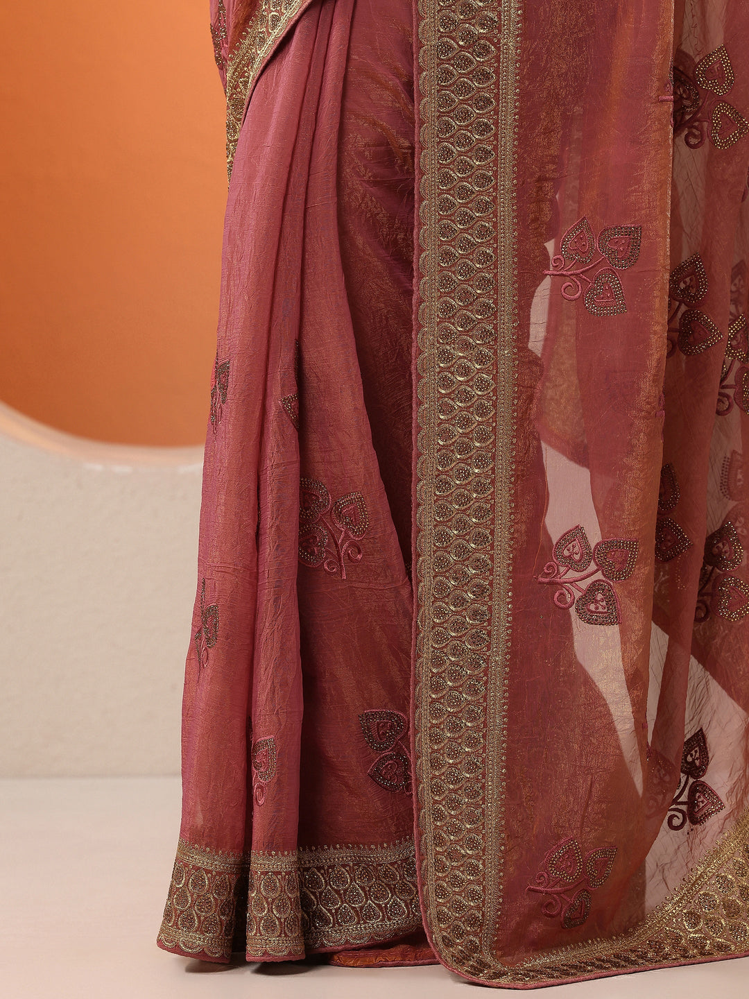 Coral Embroidered Chinon Saree With Unstitched Blouse Piece