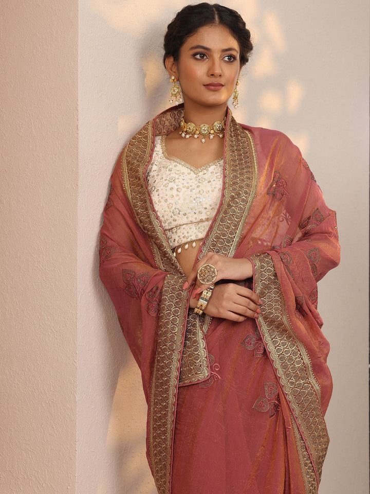 Coral Embroidered Chinon Saree With Unstitched Blouse Piece