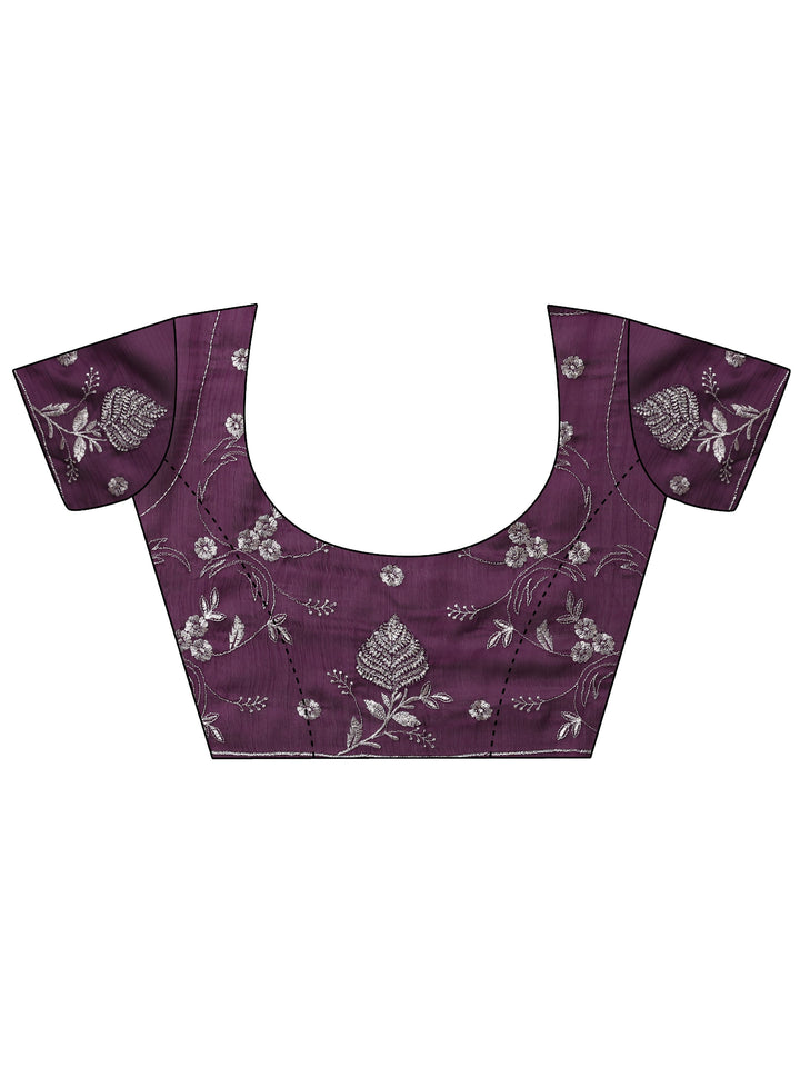 Burgundy Embroidered Chinon Saree With Unstitched Blouse Piece