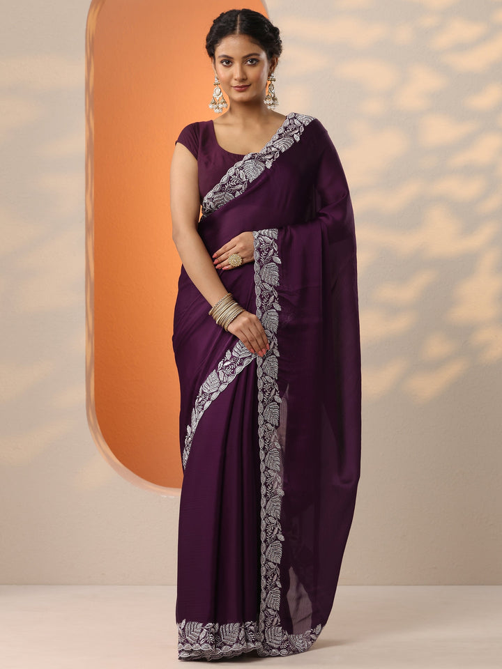 Burgundy Embroidered Chinon Saree With Unstitched Blouse Piece