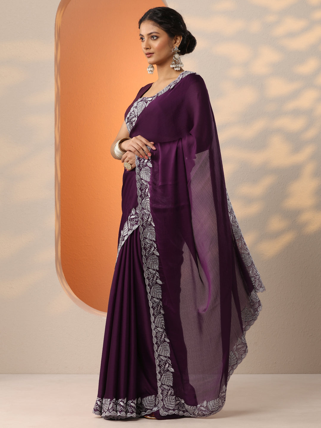 Burgundy Embroidered Chinon Saree With Unstitched Blouse Piece