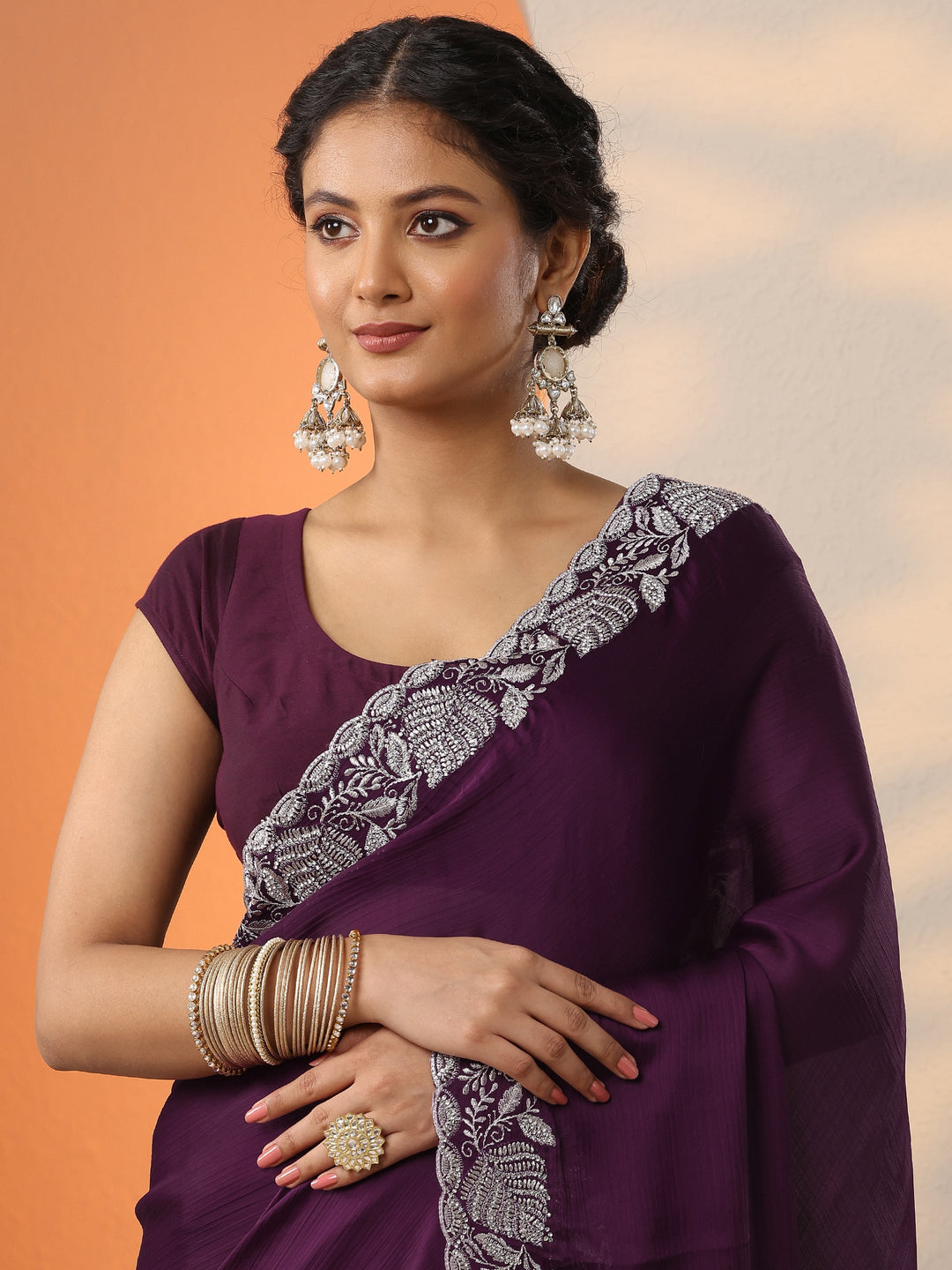 Burgundy Embroidered Chinon Saree With Unstitched Blouse Piece