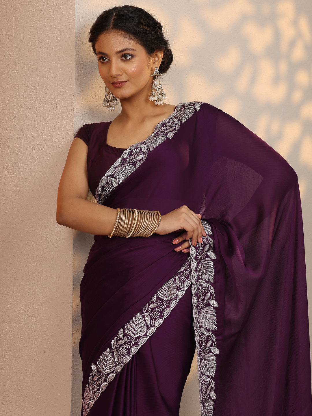 Burgundy Embroidered Chinon Saree With Unstitched Blouse Piece