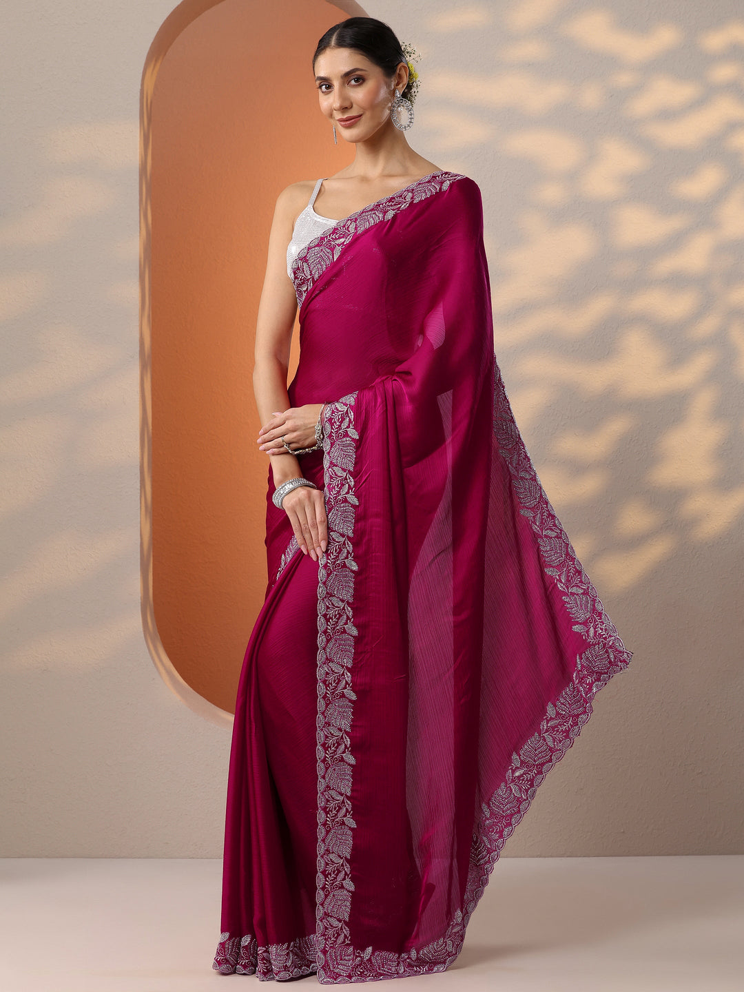 Pink Embroidered Chinon Saree With Unstitched Blouse Piece