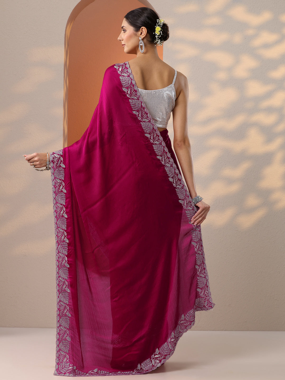 Pink Embroidered Chinon Saree With Unstitched Blouse Piece