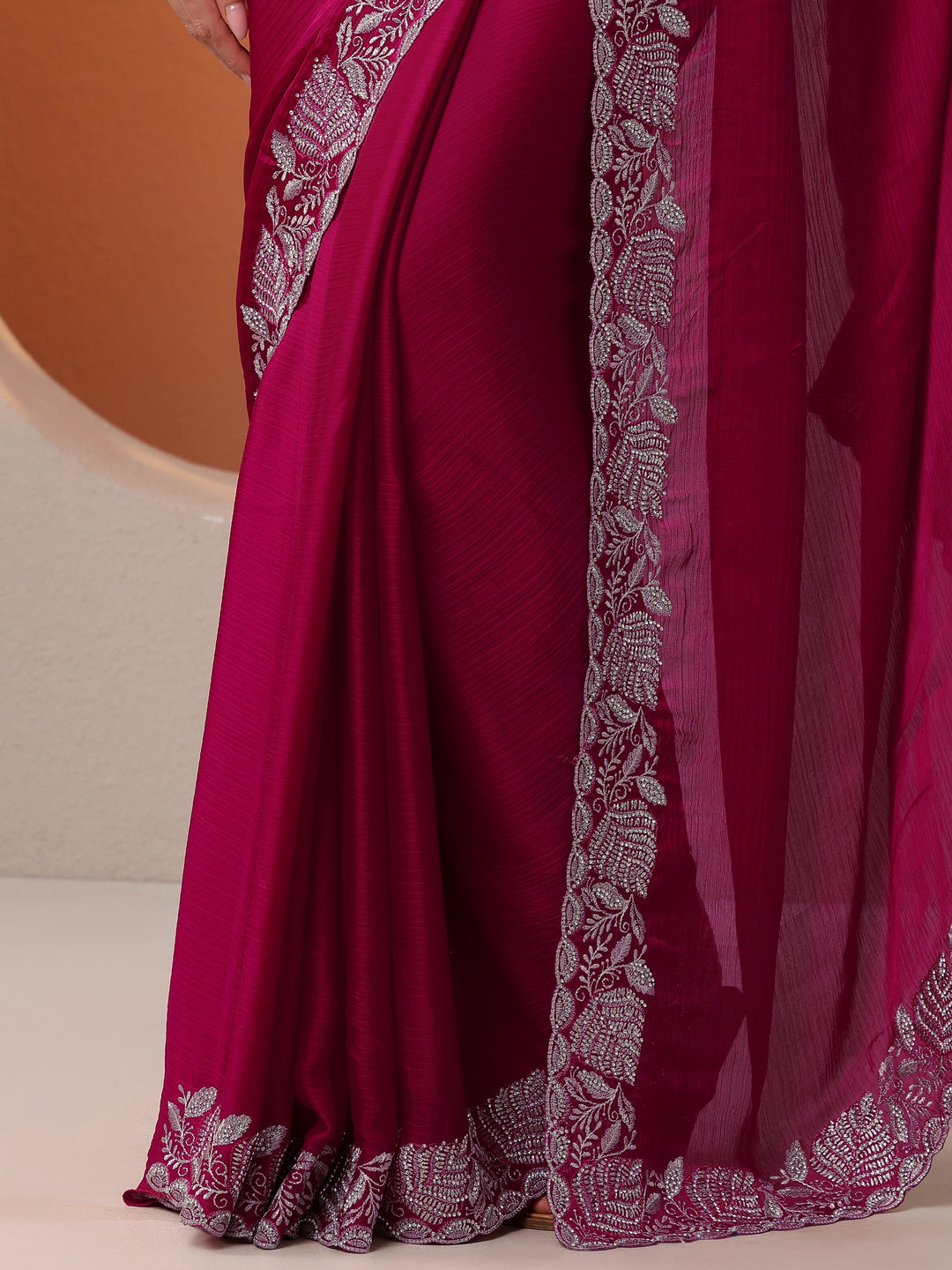 Pink Embroidered Chinon Saree With Unstitched Blouse Piece