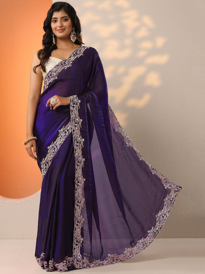 Purple Embroidered Organza Saree With Unstitched Blouse Piece