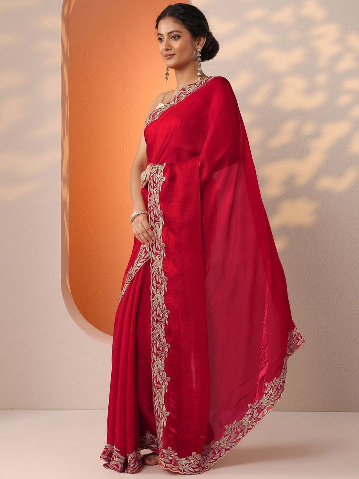 Red Embroidered Organza Saree With Unstitched Blouse Piece