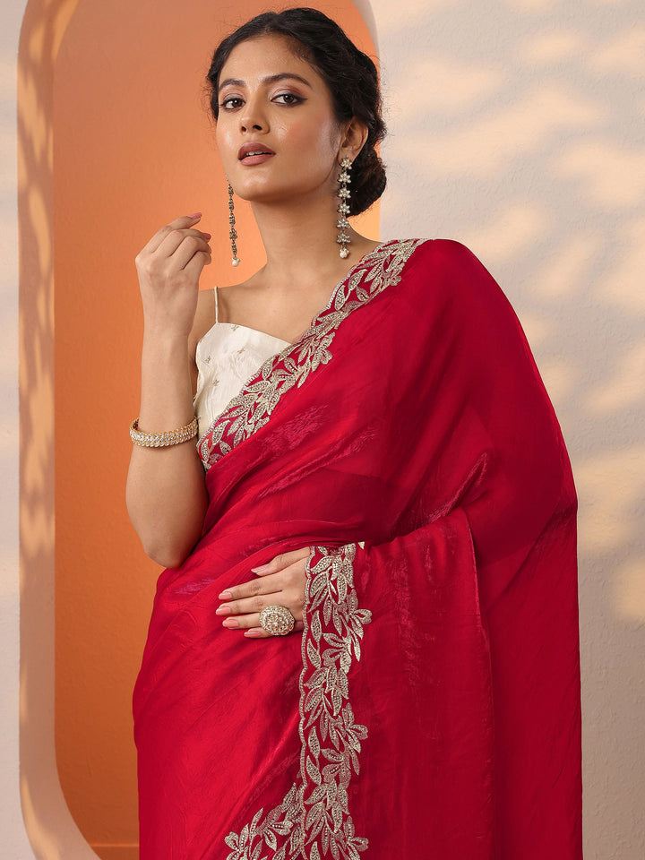 Red Embroidered Organza Saree With Unstitched Blouse Piece