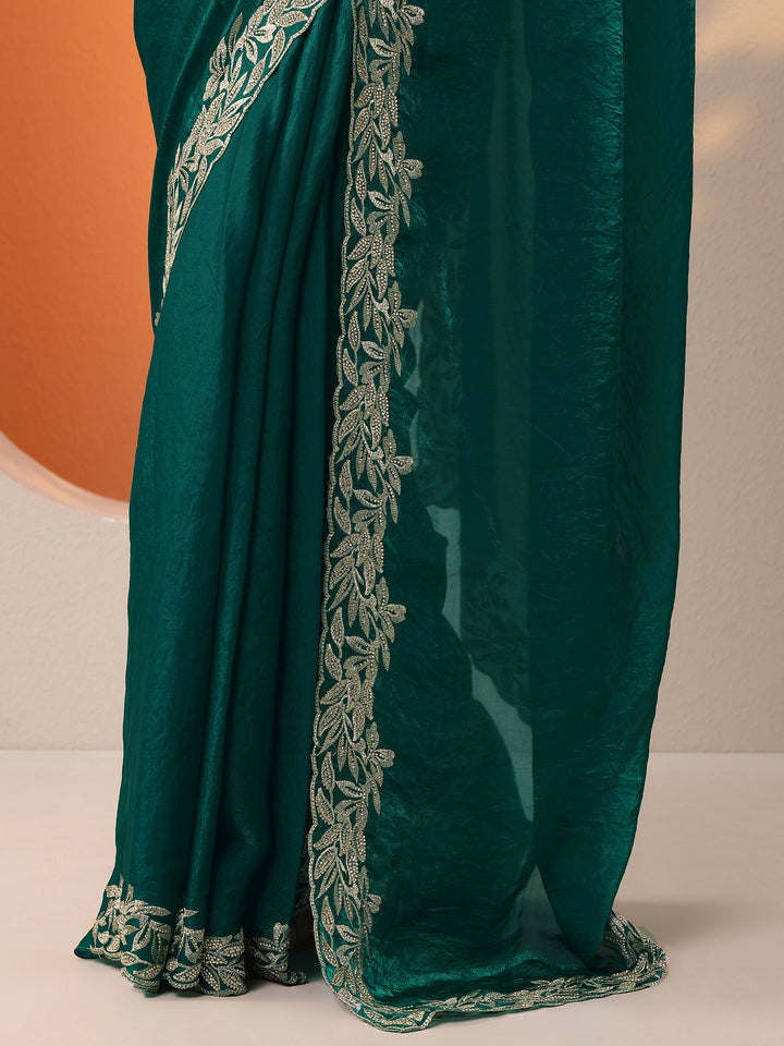 Green Embroidered Organza Saree With Unstitched Blouse Piece
