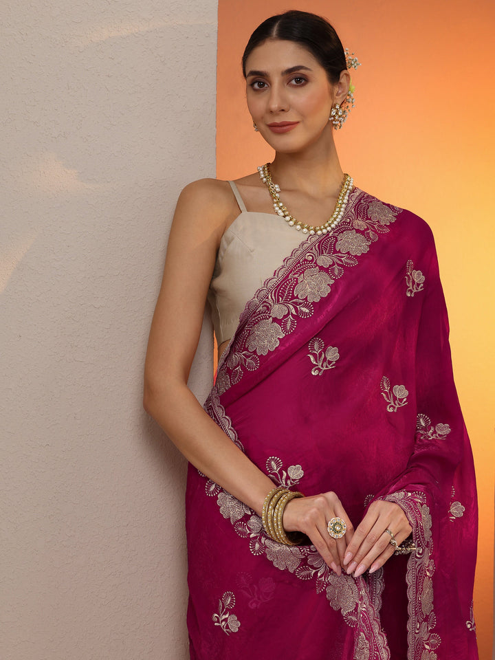Pink Embroidered Organza Saree With Unstitched Blouse Piece