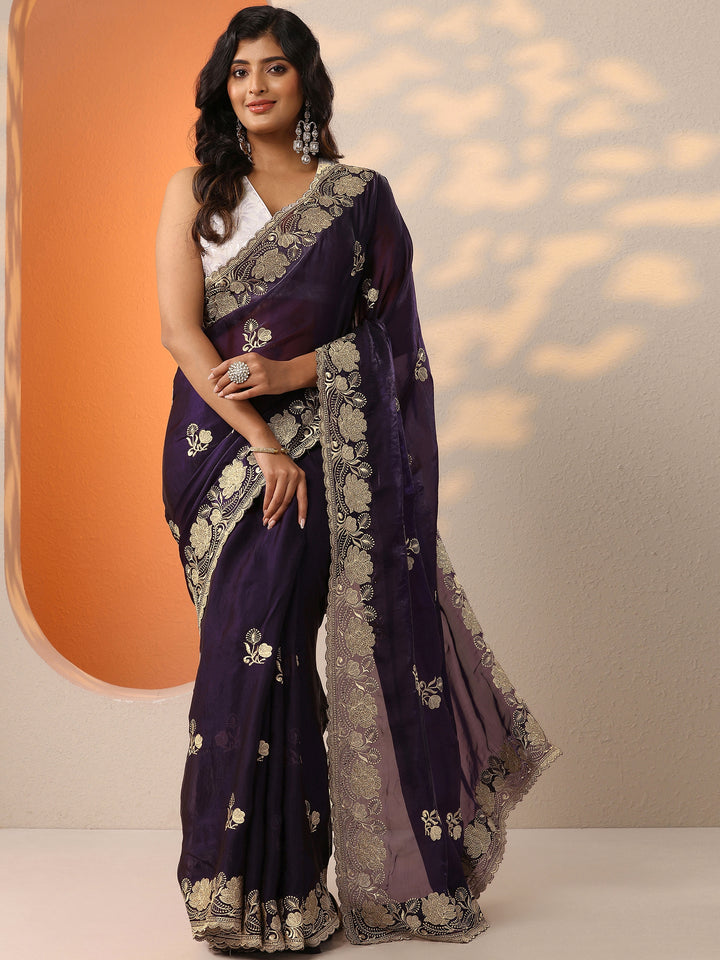 Purple Embroidered Organza Saree With Unstitched Blouse Piece