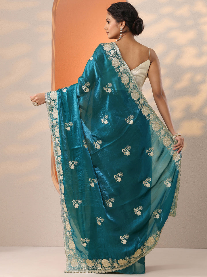 Green Embroidered Organza Saree With Unstitched Blouse Piece