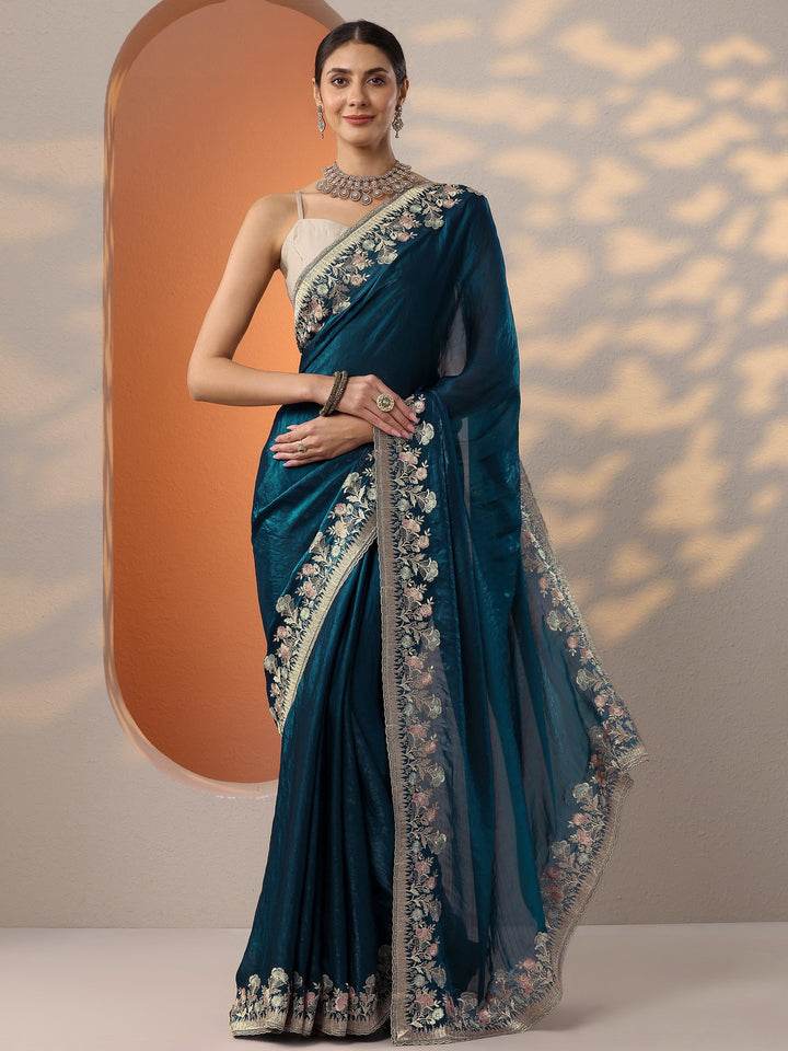 Blue Embroidered Organza Saree With Unstitched Blouse Piece