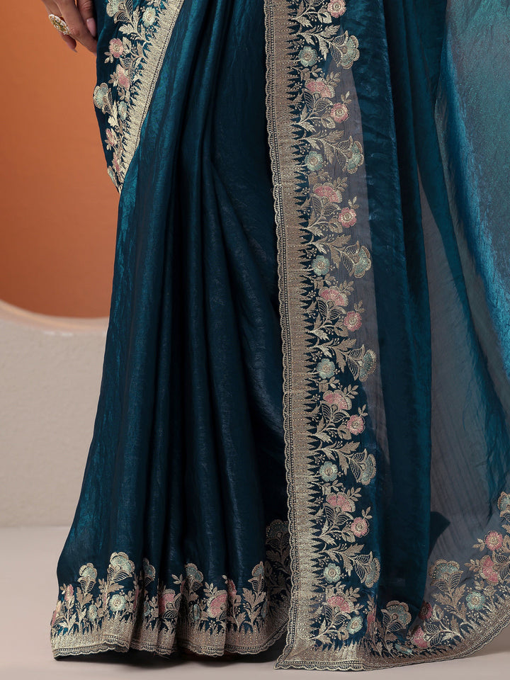 Blue Embroidered Organza Saree With Unstitched Blouse Piece