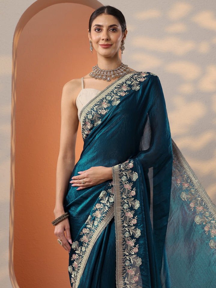 Blue Embroidered Organza Saree With Unstitched Blouse Piece