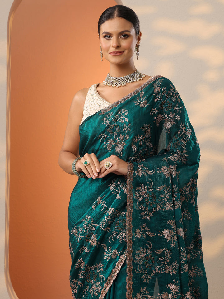Green Embroidered Organza Saree With Unstitched Blouse Piece