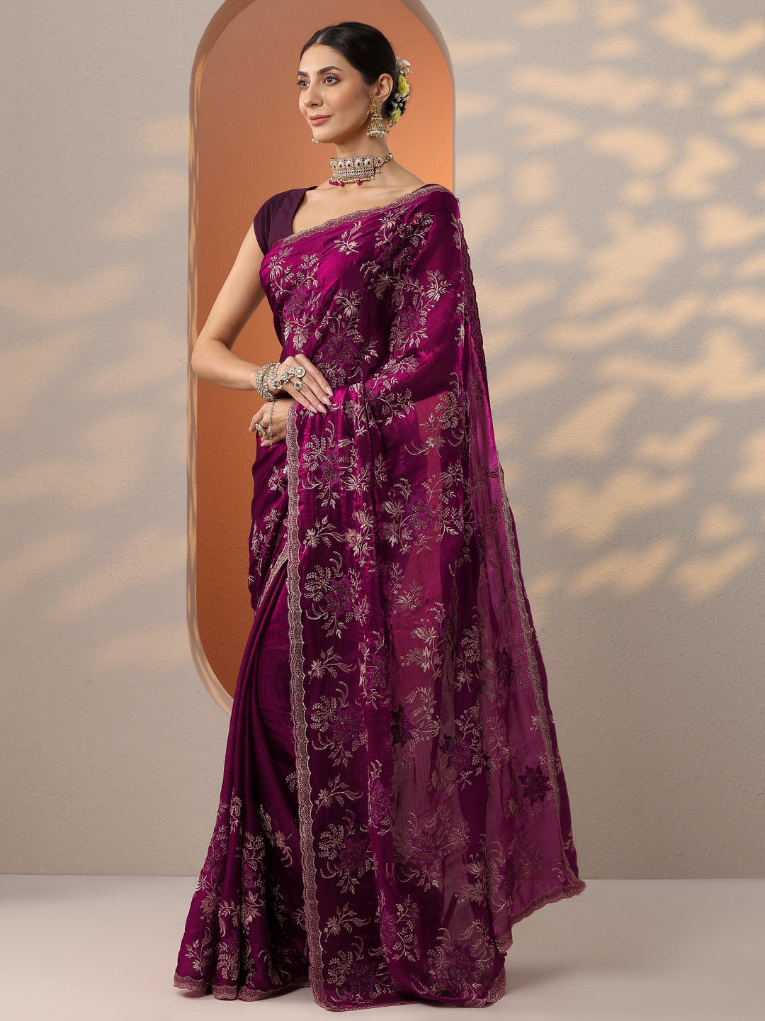 Maroon Embroidered Organza Saree With Unstitched Blouse Piece
