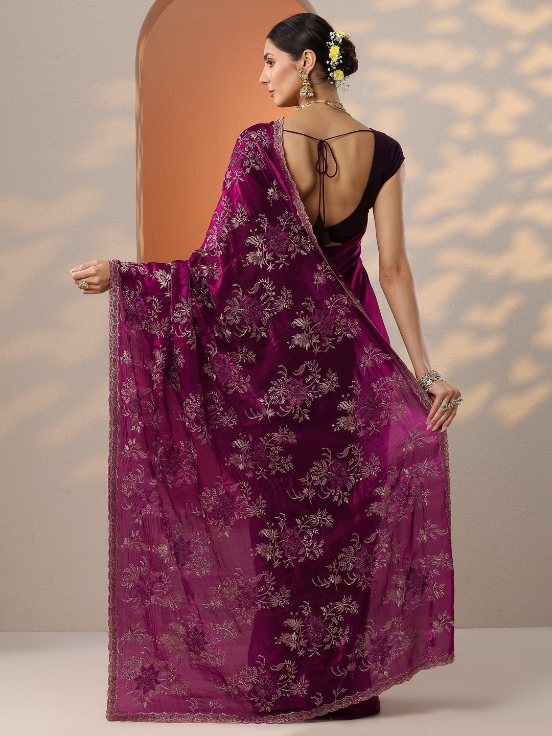 Maroon Embroidered Organza Saree With Unstitched Blouse Piece