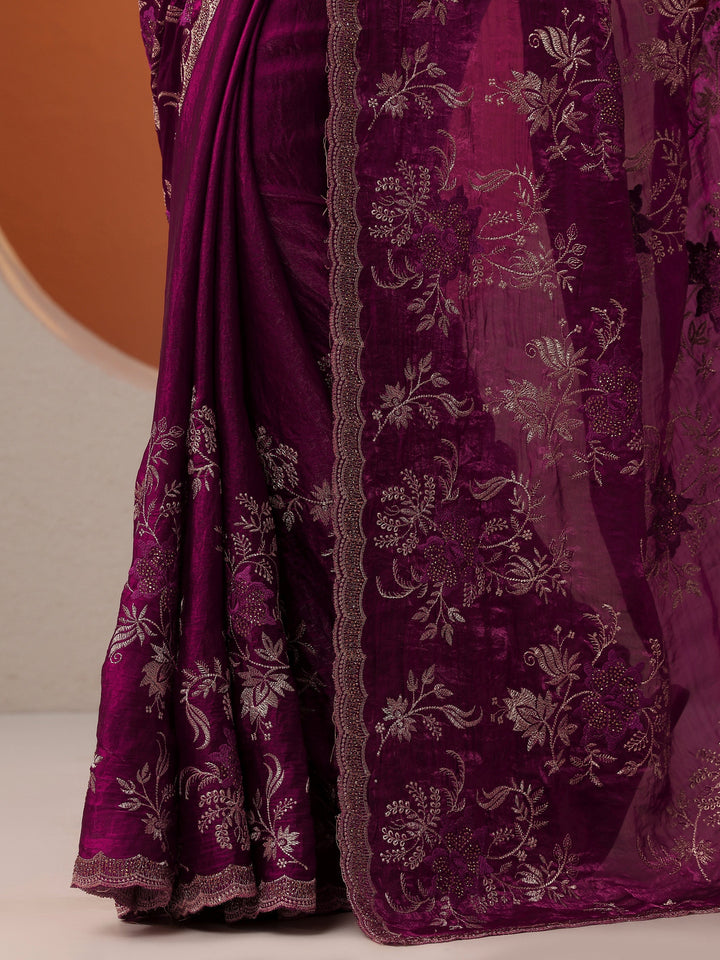 Maroon Embroidered Organza Saree With Unstitched Blouse Piece