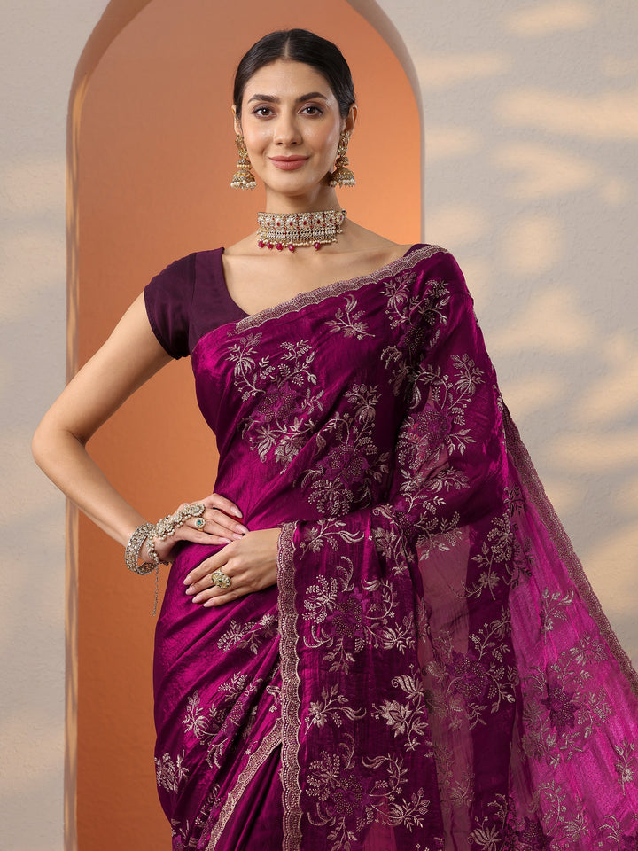 Maroon Embroidered Organza Saree With Unstitched Blouse Piece