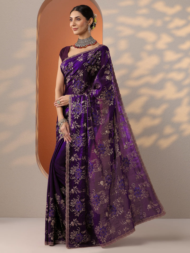 Purple Embroidered Organza Saree With Unstitched Blouse Piece