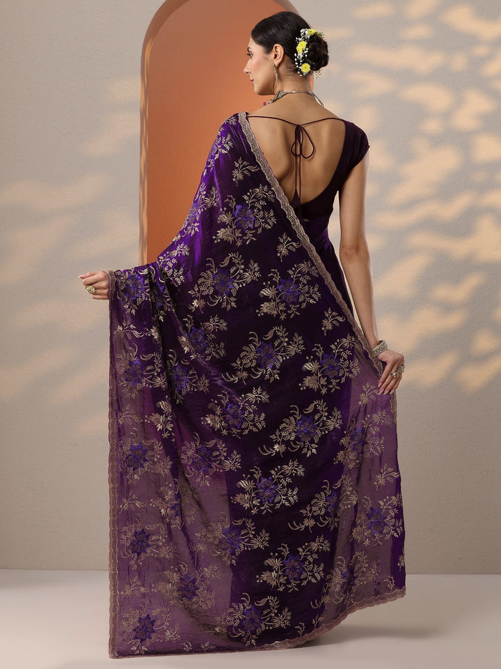 Purple Embroidered Organza Saree With Unstitched Blouse Piece