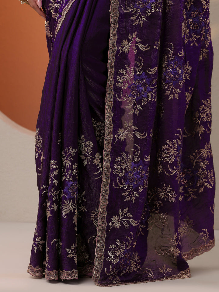 Purple Embroidered Organza Saree With Unstitched Blouse Piece
