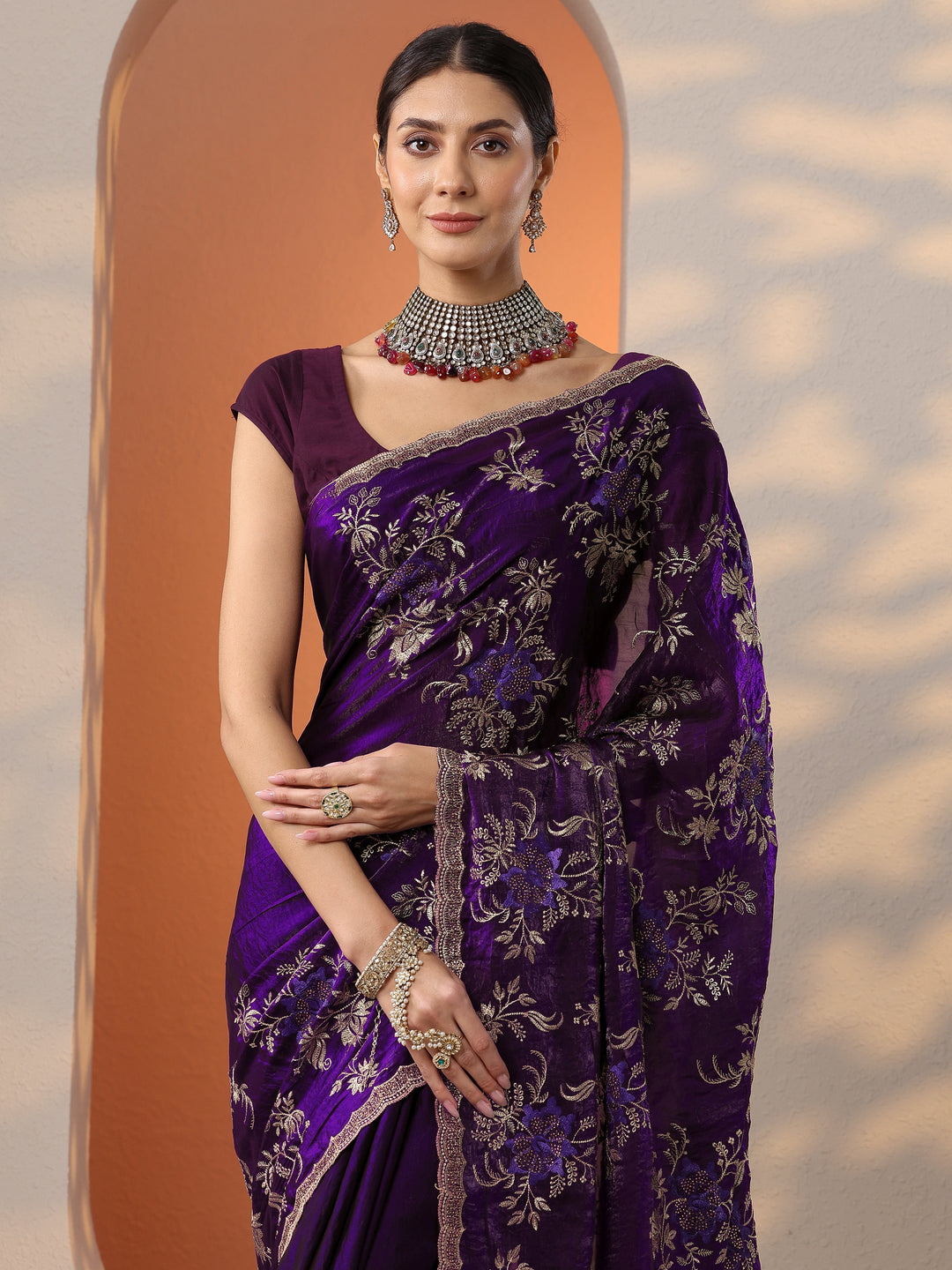 Purple Embroidered Organza Saree With Unstitched Blouse Piece