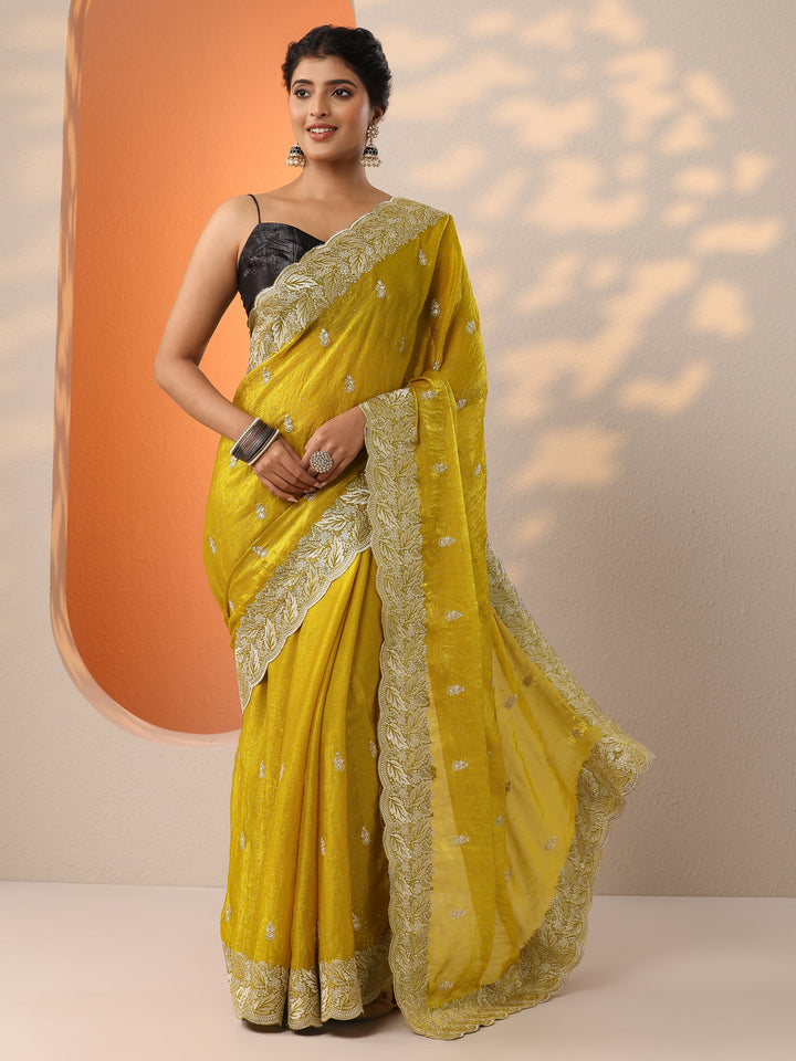 Mustard Embroidered Silk Blend Saree With Unstitched Blouse Piece