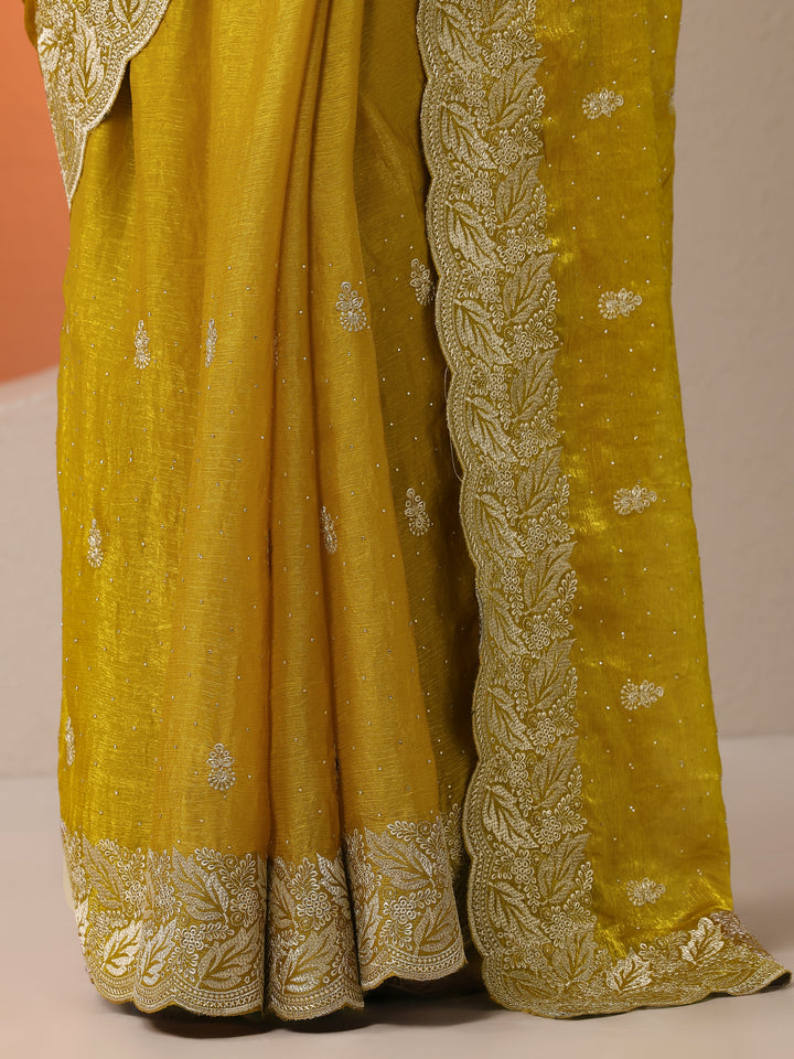Mustard Embroidered Silk Blend Saree With Unstitched Blouse Piece