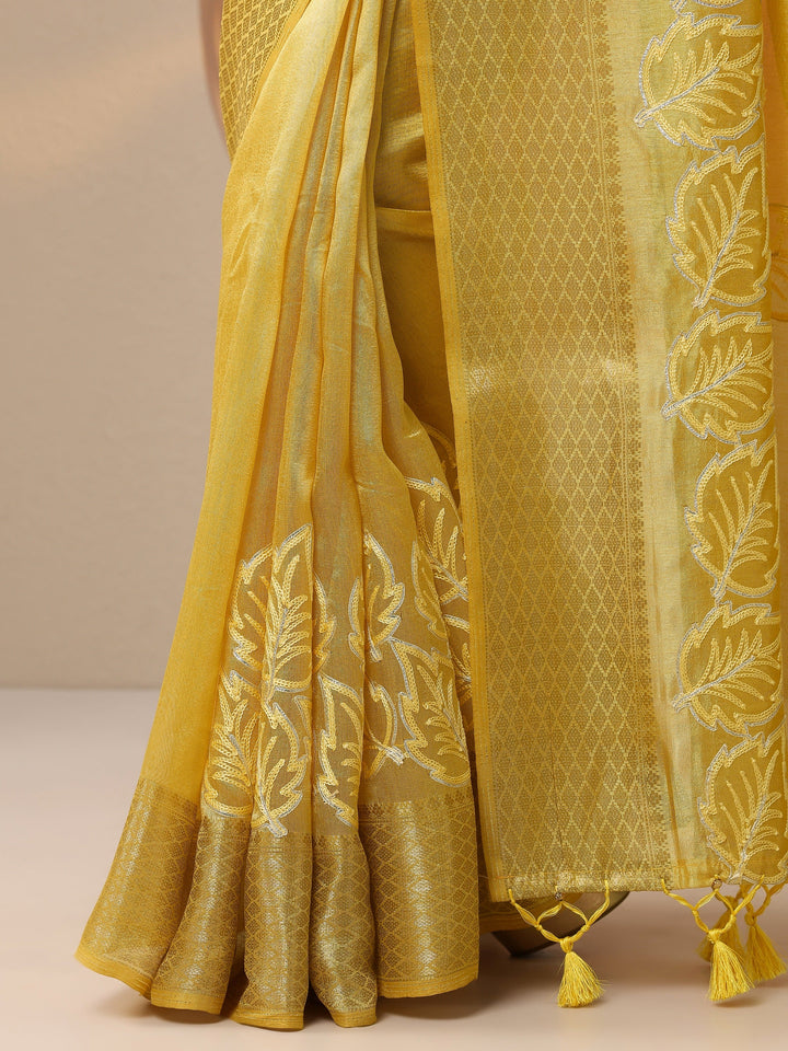 Yellow Embroidered Banarasi Silk Blend Saree With Unstitched Blouse Piece