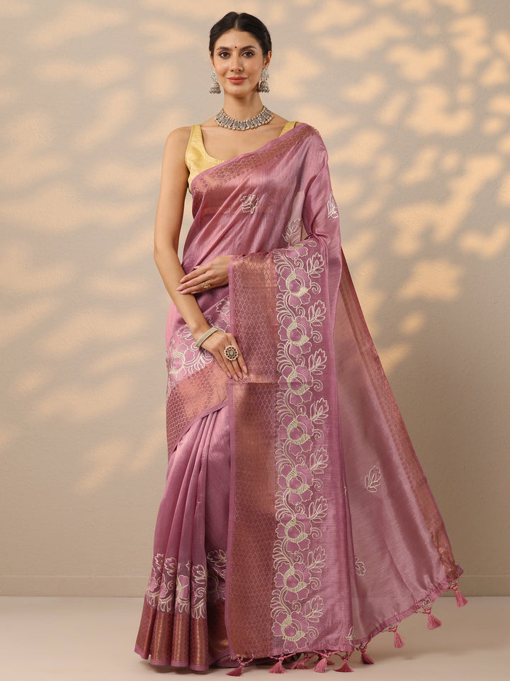 Pink Embroidered Silk Blend Saree With Unstitched Blouse Piece