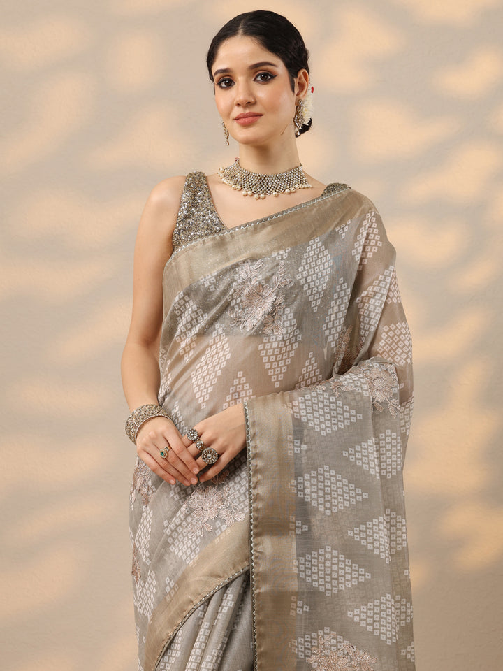 Grey Printed Silk Blend Saree With Unstitched Blouse Piece