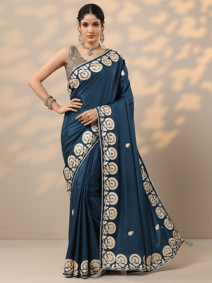 Blue Embroidered Satin Saree With Unstitched Blouse Piece